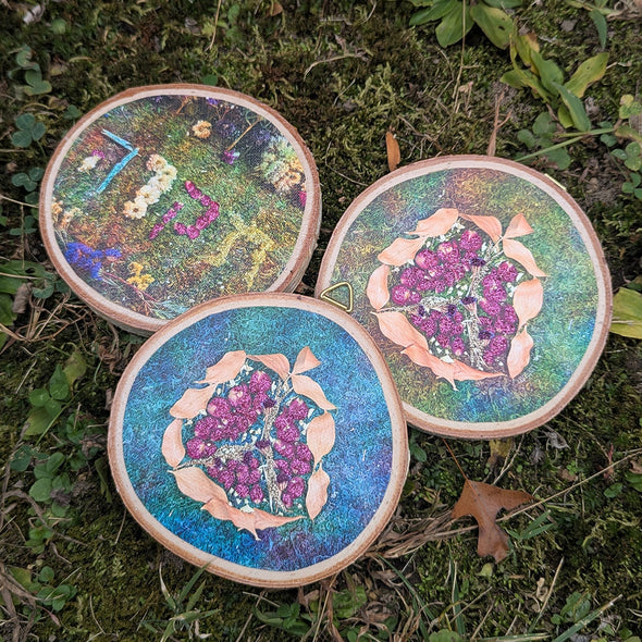 Pomegranate - Rimon - Dried Flowers Judaica Art on Wood Slice Wall Hanging with Glitter Accents