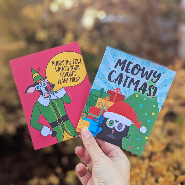 "Buddy the Cow, what's your favorite plant milk?" Holiday Card, Funny Vegan Christmas Card