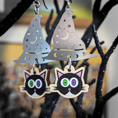 Cat and a Witch Hat - Printed Wood Charm Halloween Earrings
