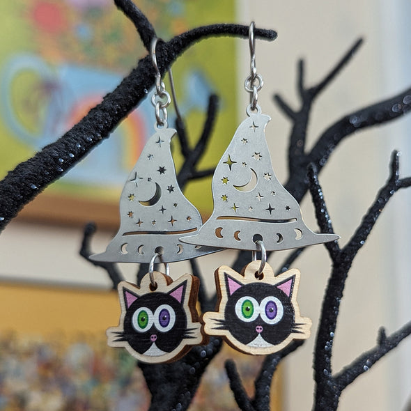 Cat and a Witch Hat - Printed Wood Charm Halloween Earrings