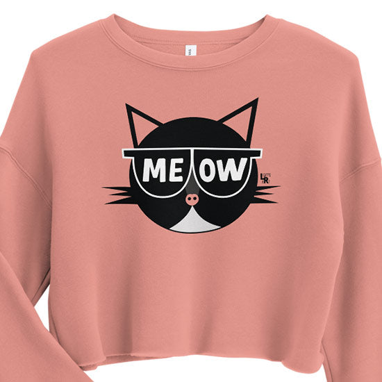 "MEOW" Sunglasses Cat Cropped Lightweight Fleece Sweatshirt