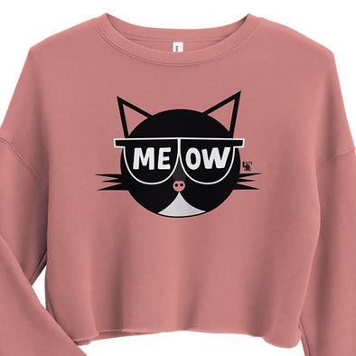 "MEOW" Sunglasses Cat Cropped Lightweight Fleece Sweatshirt