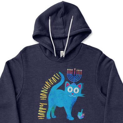 "Happy Hanukkat!" Hanukitty Cat Unisex Lightweight Fleece Hoodie Hanukkah Sweatshirt