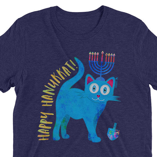 "Happy Hanukkat!" Hanukitty Cat Unisex Tri-blend Hanukkah T-Shirt