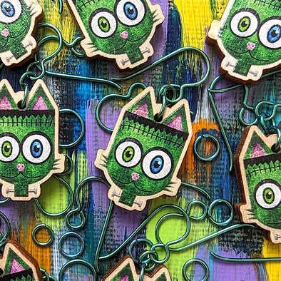 "Frankenkitty" Frankenstein Monster Cat - Printed Wood Charm Halloween Earrings