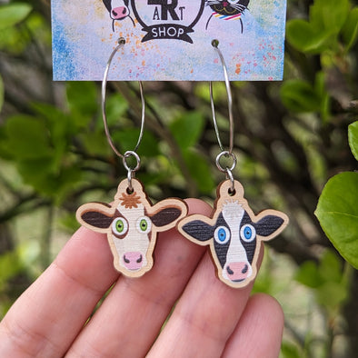 Cute Cows - Mismatch Printed Wood Charm Vegan Hoop Earrings