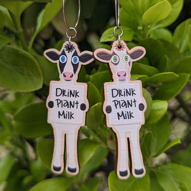 "Drink Plant Milk" Vegan Cow Printed Wood Charm Earrings