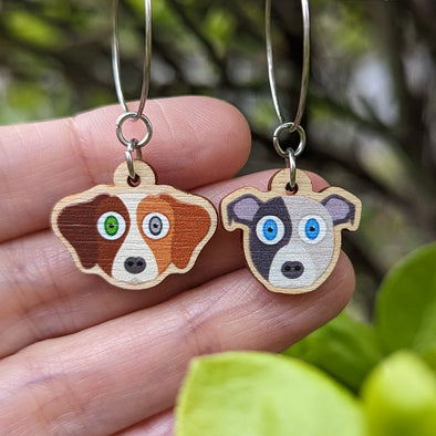 Cute Mismatch Dogs - Printed Wood Charm Hoop Earrings