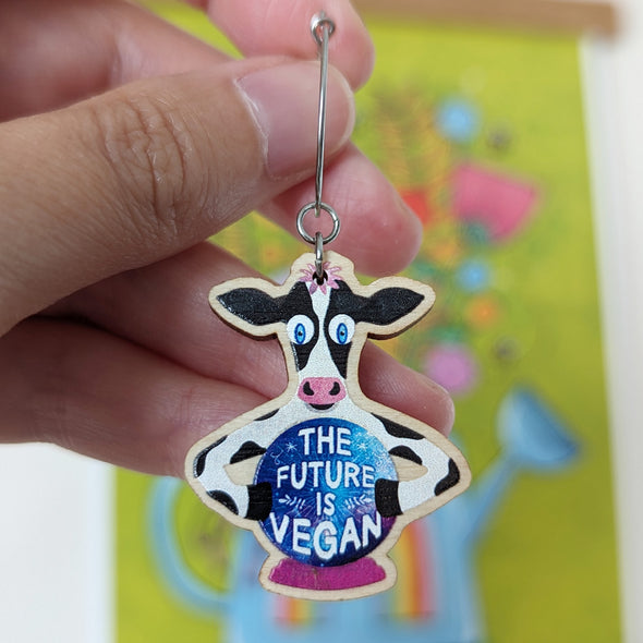 "The Future is Vegan" Cow with Crystal Ball Printed Wood Charm Earrings