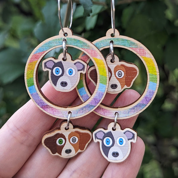 Mismatch Dogs in Rainbow Hoops - Printed Wood Charm Earrings