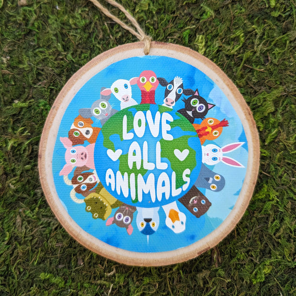 "Love All Animals" Large Wood Ornament, Vegan Holiday Art Ornaments