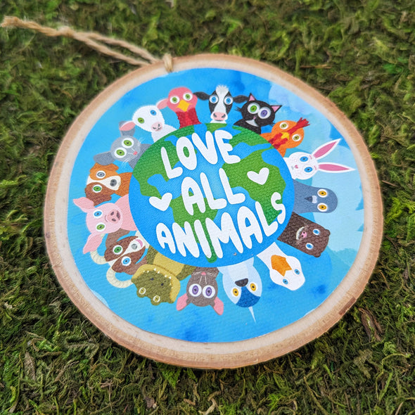 "Love All Animals" Large Wood Ornament, Vegan Holiday Art Ornaments