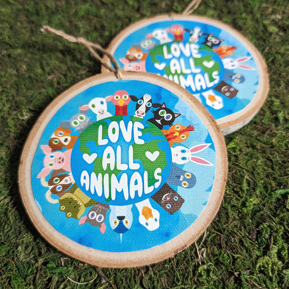 "Love All Animals" Large Wood Ornament, Vegan Holiday Art Ornaments