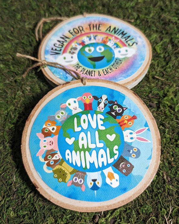 "Love All Animals" Large Wood Ornament, Vegan Holiday Art Ornaments