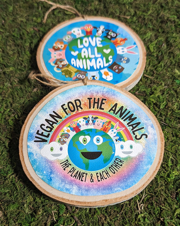 "Vegan for Everything" Large Wood Animals Ornament, Vegan Holiday Art Ornaments