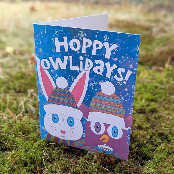 "Hoppy Owlidays!" Greeting Card, Recycled Holiday Card