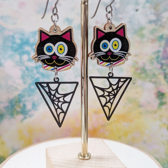 "CMYKat" Black Cat with Spider Web, Printed Wood Charm Earrings