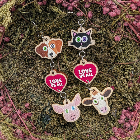 "Love Us All" Vegan Cat Cow, Dog Pig Printed Wood Charm Earrings