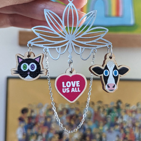 "Love Us All" Lotus Flower, Vegan Cat Cow, Dog Pig Printed Wood Charm Earrings