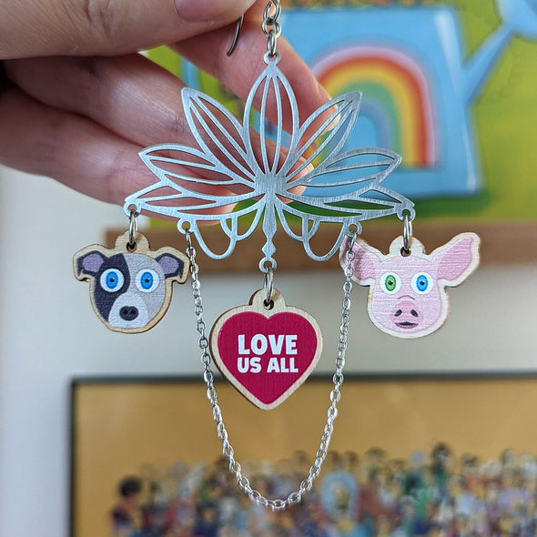 "Love Us All" Lotus Flower, Vegan Cat Cow, Dog Pig Printed Wood Charm Earrings
