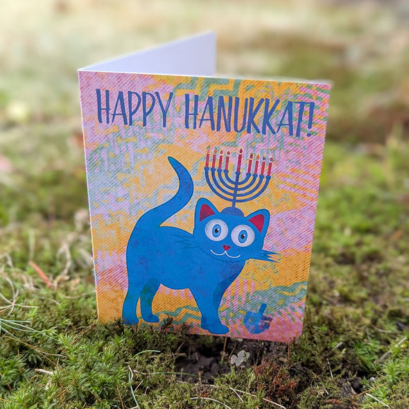 "Happy Hanukkat!" Hanukitty Cat Greeting Card, Recycled Hanukkah Card