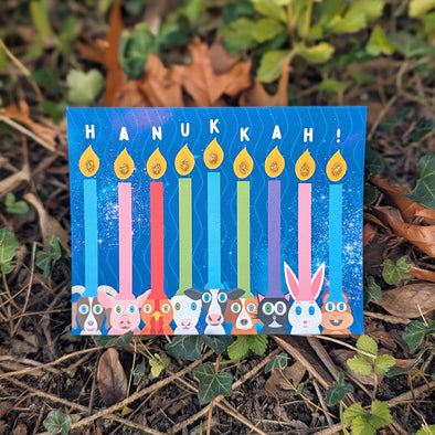 "Hanukkah!" Animal Hanukkiah Greeting Card, Recycled Hanukkah Menorah Card