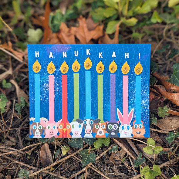 "Hanukkah!" Animal Hanukkiah Greeting Card, Recycled Hanukkah Menorah Card