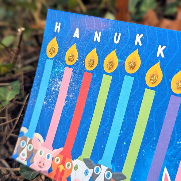 "Hanukkah!" Animal Hanukkiah Greeting Card, Recycled Hanukkah Menorah Card