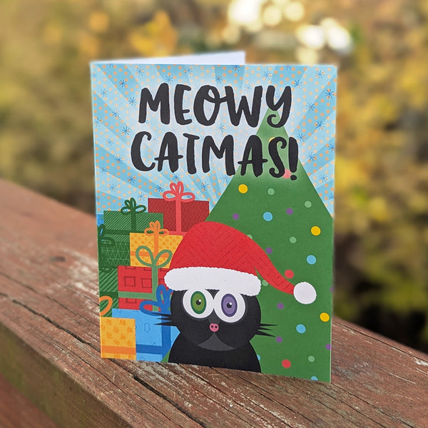 "Meowy Catmas" Holiday Card, Recycled Christmas Cat Card