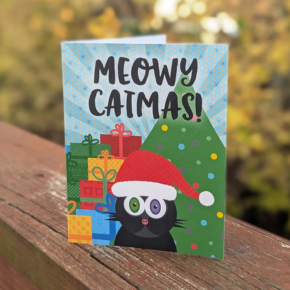 "Meowy Catmas" Holiday Card, Recycled Christmas Cat Card