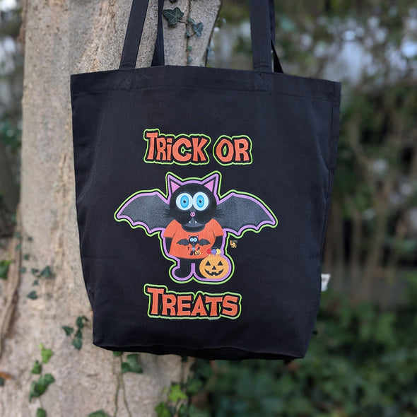 "TRICK OR TREATS" Halloween Bat Cat Organic Cotton Tote Bag