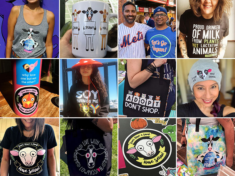 Collage of patrons wearing vegan themed products like tees, bags and hats