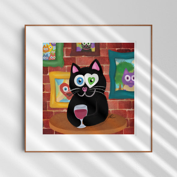 "Having Wine and Feline Fine" Black Cat Whimsical Art Print