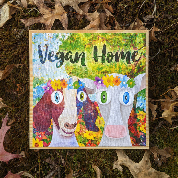 "Vegan Home" Whimsical Animals in Flower Crowns Art on Wood Block - Vegan Sign