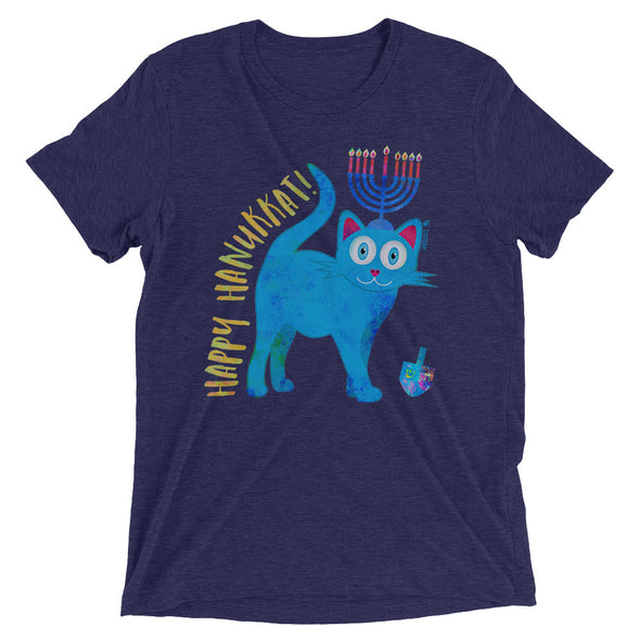 "Happy Hanukkat!" Hanukitty Cat Unisex Tri-blend Hanukkah T-Shirt