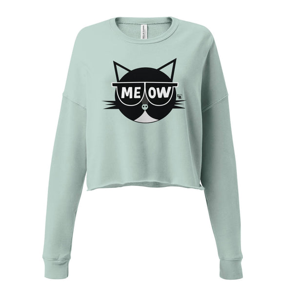 "MEOW" Sunglasses Cat Cropped Lightweight Fleece Sweatshirt