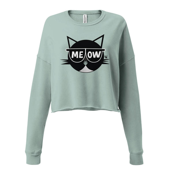 "MEOW" Sunglasses Cat Cropped Lightweight Fleece Sweatshirt