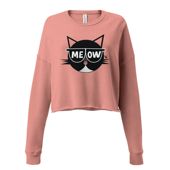 "MEOW" Sunglasses Cat Cropped Lightweight Fleece Sweatshirt