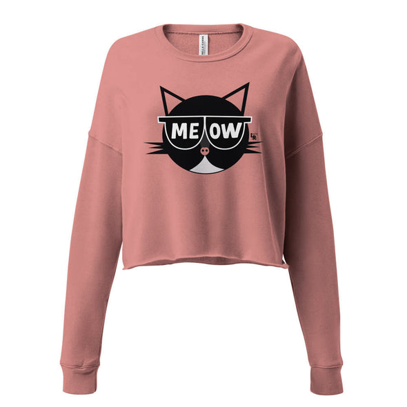 "MEOW" Sunglasses Cat Cropped Lightweight Fleece Sweatshirt