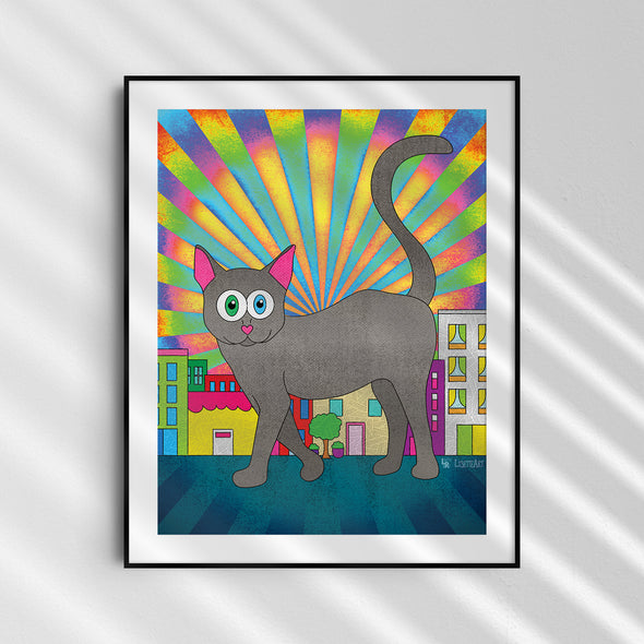 "Giant Kitty in a City" Whimsical Cat Art Print