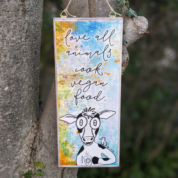 "Cook Vegan Food" Whimsical Cow Large Wood Sign