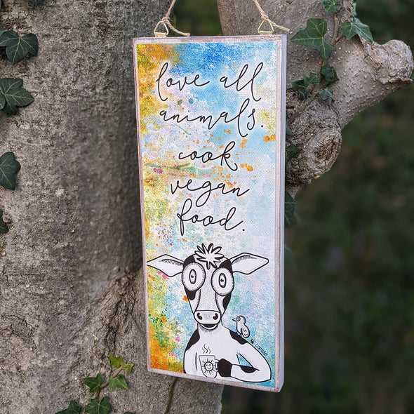 "Cook Vegan Food" Whimsical Cow Large Wood Sign