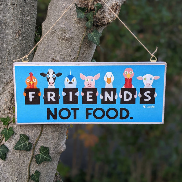 "We Are Friends Not Food" Whimsical Animals Large Vegan Wood Sign