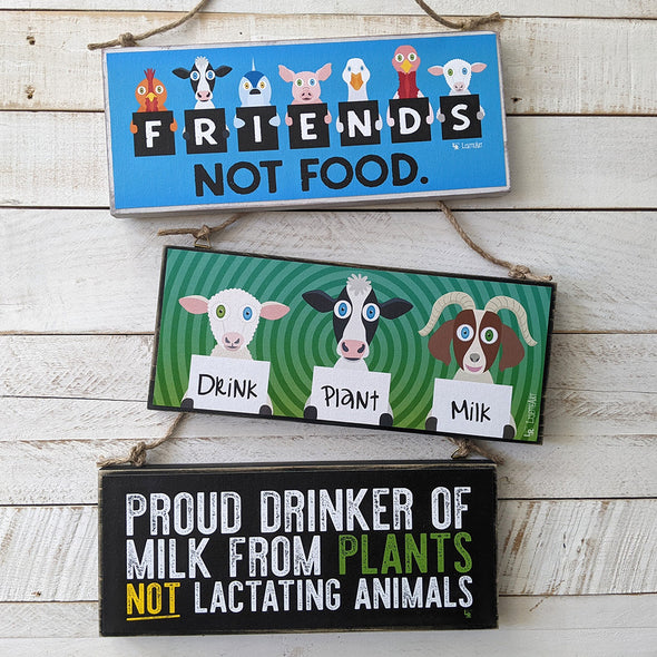 "We Are Friends Not Food" Whimsical Animals Large Vegan Wood Sign