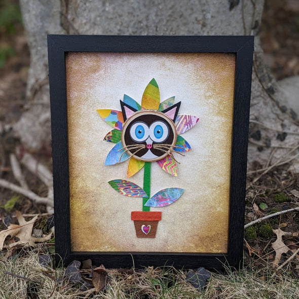 Whimsical Cat Flower - Framed Mixed Media Art