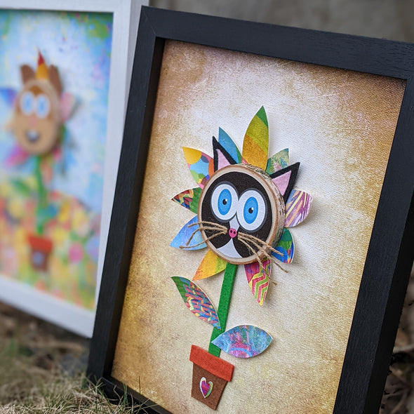Whimsical Cat Flower - Framed Mixed Media Art