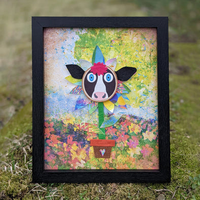 Whimsical Cow Flower - Framed Mixed Media Art