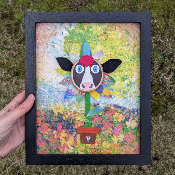 Whimsical Cow Flower - Framed Mixed Media Art