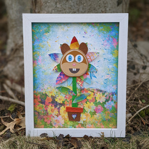 Whimsical Squirrel Flower - Framed Mixed Media Art