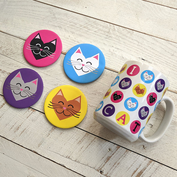 "I 💜 Love 💜 Cats" Colorful Heart Cats Round Coaster Set